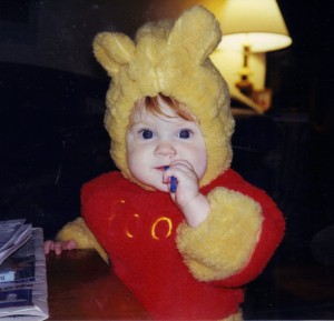 Here's a photo of "the dreaded Pooh costume," which we eventually retired because small children found it hot and itchy. Instead of taking this picture, I probably should have taken that object--crayon? candy?--out of my 9-month-old's mouth. The trip down Memory Lane can be humbling.
